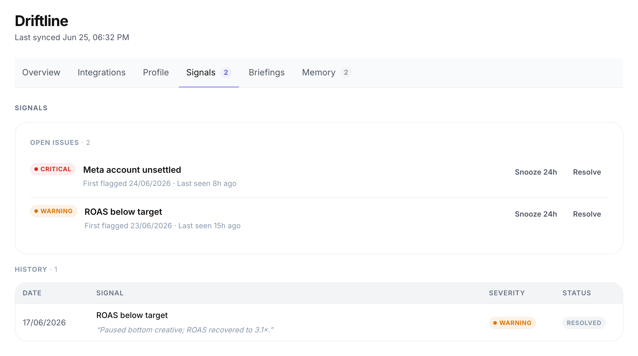 The Scout Signals tab for a client - open issues like a Meta account unsettled or ROAS below target, with snooze/resolve and a resolved history.