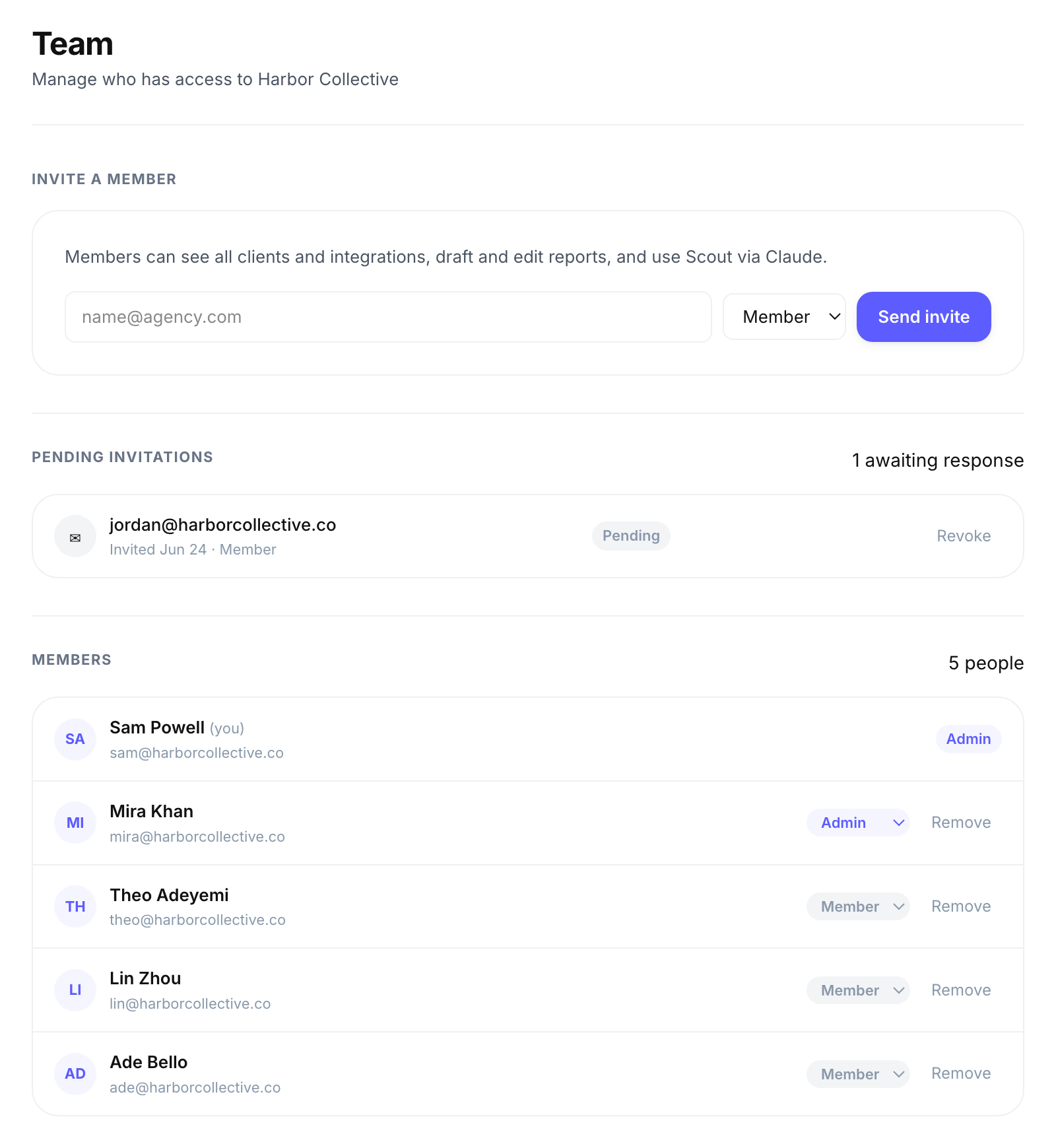 The Scout Team settings - invite a member, pending invitations, and the member list with Admin/Member roles.
